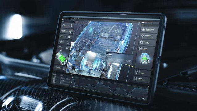 Digital tablet computer screen shows 3D futuristic graphical visualization of car developing professional software with 3D virtual electric vehicle model. Concept of modern car diagnostics technology.