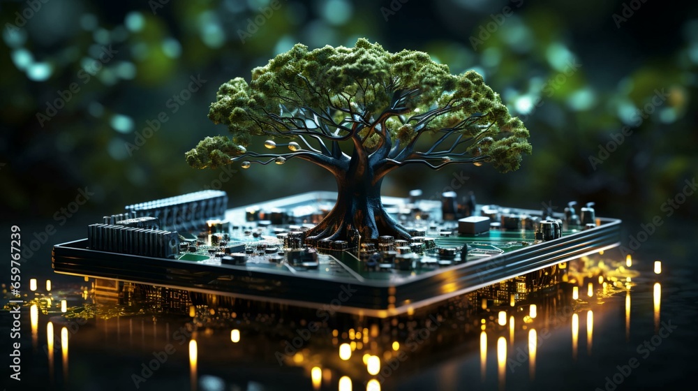 Poster green natural eco-friendly tree and computer technology on an abstract high-tech futuristic backgrou