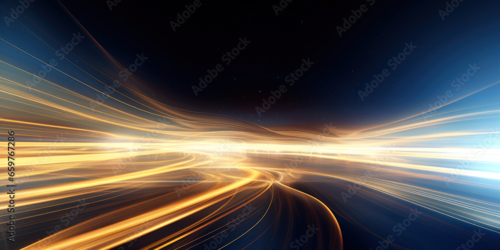 Poster abstract background with gold and blue glowing neon moving high speed line and wave and bokeh lights
