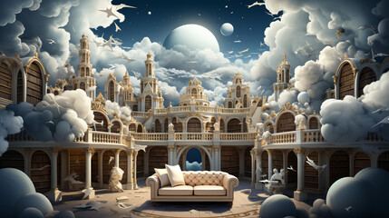 Fictional fairytale abstract library with books. Concept fantasy creativity study and education