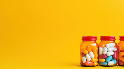 Multicolored tablets and capsules from a glass bottle on a yellow background