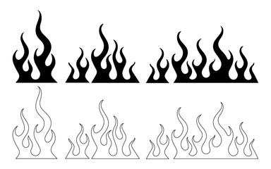 set of black silhouette fire flames. vector