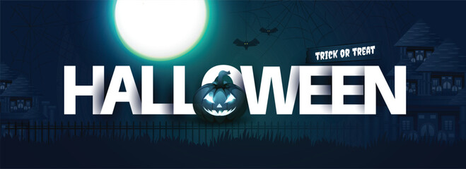 Halloween vector hand lettering creative illustration of pumpkins and dark castle on blue Moon with night clouds background