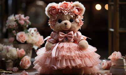 Teddy bear in a pink dress