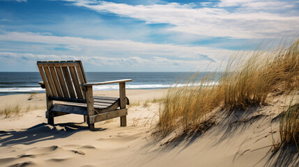 Fototapeta na wymiar bench on the beach, old wooden beach chair bench amidst dunes and waves, peaceful, coastal, Ai Generate 