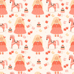 Kids seamless pattern. Children doll toys. Cute girl blonde with curly long hair, rocking horse, puzzles, cubes and pyramid on light background. Vector illustration in cartoon style pastel colors