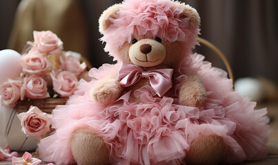 Teddy bear in a pink dress