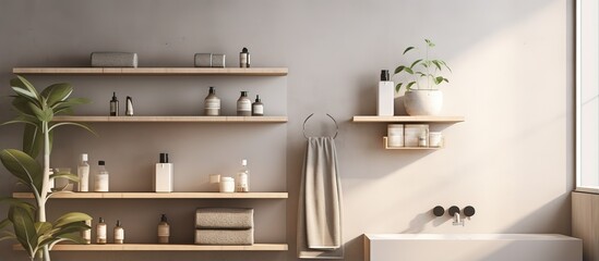 Indoor bathroom shelving with toiletries near a light colored wall - obrazy, fototapety, plakaty