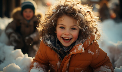 Snow day, kids playing outside. - obrazy, fototapety, plakaty