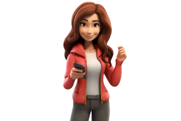 Fotobehang Cartoon Character: Female with Crossed Arms, Smartphone in Hand Isolated on Transparent Background. © Usmanify