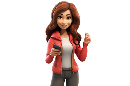 Cartoon Character: Female with Crossed Arms, Smartphone in Hand Isolated on Transparent Background.