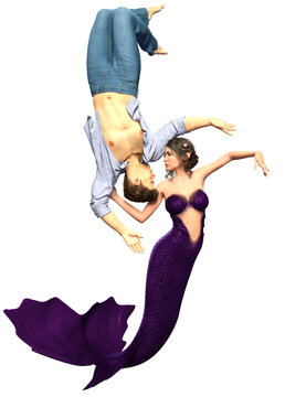 A 3d rendered illustration of a fantasy couple with a mermaid and a man underwater. 