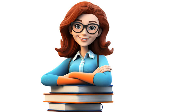 3D Cartoon Character: Female with Crossed Arms, Holding a Stack of Books Isolated on Transparent Background.
