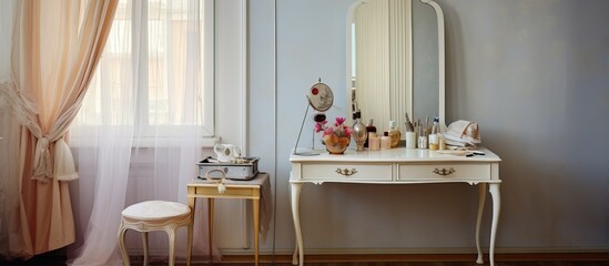 Interior of room featuring a mirror vanity table and bed - obrazy, fototapety, plakaty