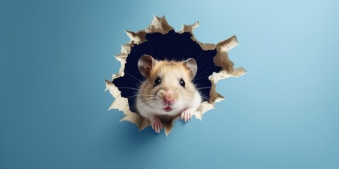 Cute Hamster peeking out of a hole in wall, torn hole, empty copy space frame, mockup. Generative...