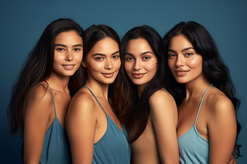 Obraz premium Studio portrait of three few beautiful young woman standing together in hug on different colour background