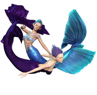 A 3d rendered illustration of a fantasy couple with two female mermaids swimming together