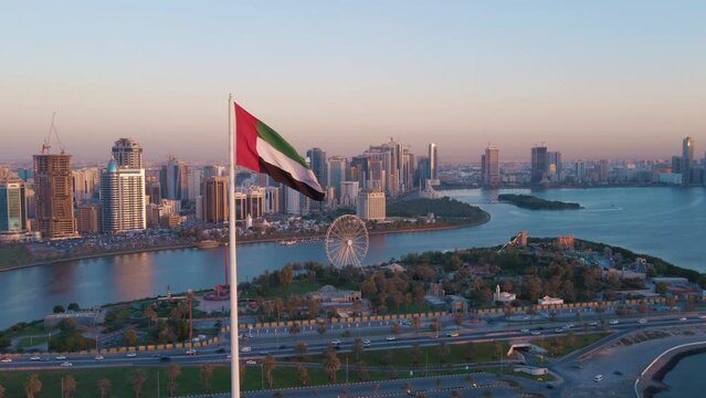 Aerial view of the Flag of the UAE, The national symbol of United Arab Emirates