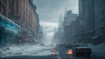 A frozen street in the city . result of global warming and climate change - obrazy, fototapety, plakaty
