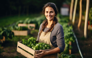 Happy female farmer holding a wooden box with fresh vegetables