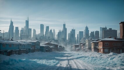 A frozen street in the city . result of global warming and climate change