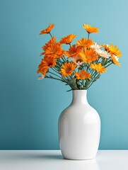 Wooden table with glass vase with bouquet of roses flowers near empty, blank turquoise wall. Home interior