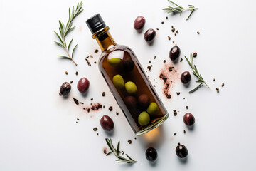 Olive oil and olives isolated on reflective white background. Olive oil in a bottle, green olives and olive tree branches isolated on white background - obrazy, fototapety, plakaty