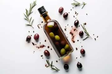 Poster Olive oil and olives isolated on reflective white background. Olive oil in a bottle, green olives and olive tree branches isolated on white background © Anastasiia