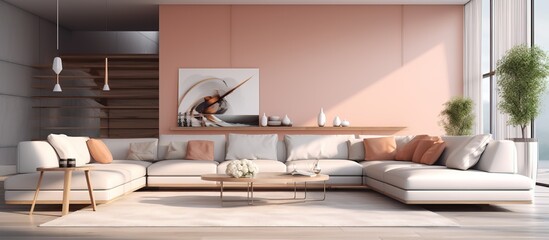 illustration of a contemporary and well lit living room with sofas