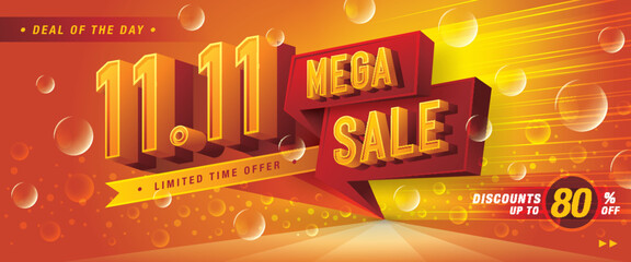 11.11 Shopping Day Mega Sale Banner Template design special offer discount, Shopping banner Condensed Font, Abstract Yellow Bubble - obrazy, fototapety, plakaty