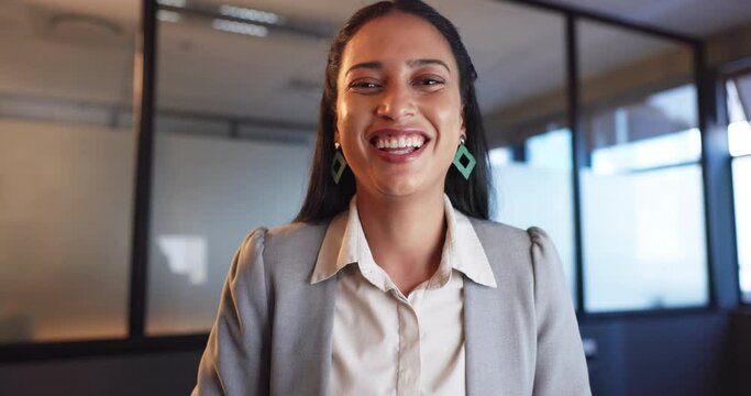 Smile, wave and portrait of businesswoman on video call networking, communication or connectivity. Online meeting, greeting and happy woman in office in virtual conference, interview or conversation.