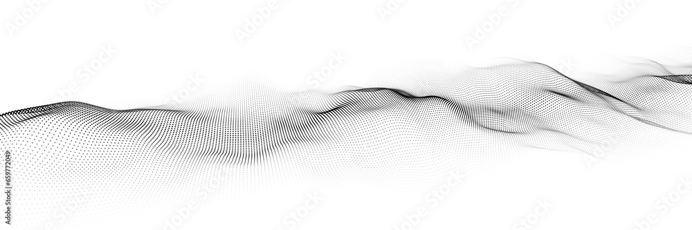 Poster Technology white wave of particles. Big data visualization. Analytics representation. Digital background. Vector illustration.