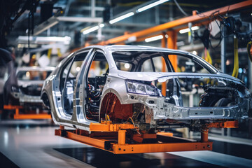 Car production line. Assembling a car on a conveyor belt. Close-up of a car body. Automotive industry Interior of a high-tech factory, modern production.