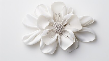 A white flower brooch with a pearl center on a white background. The brooch is made of white petals with a pearl center and silver beads. The petals are arranged in a circular fashion and have a - obrazy, fototapety, plakaty