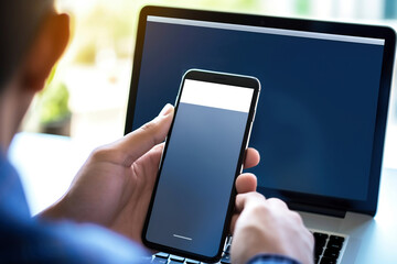 Fototapeta premium Photo of a person using a cell phone while working on a laptop