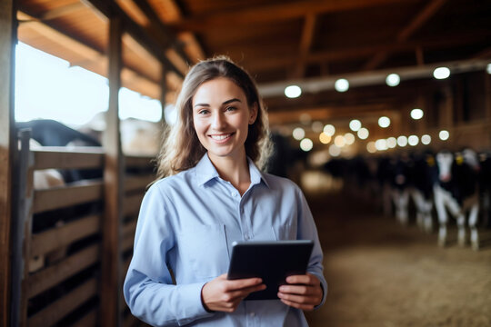 An agricultural specialist inspects a farm. Keeping and raising cows and cattle. Quality control in the production of dairy products. Farmer. - Powered by Adobe