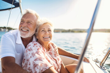 Fototapeta na wymiar An elderly couple sits in a boat or yacht against the backdrop of the sea. Happy and smiling. They look at the waves and hug. Sea voyage, vacation. Love and romance of older people.