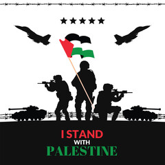 Fototapeta na wymiar I stand with Palestine. Israel vs Palestine war concept. EPS editable vector file with army character, flag, fighter jet and tank silhouettes.