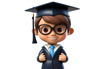 3D Cartoon Child Character in a Graduation Cap, Isolated on Transparent Background.