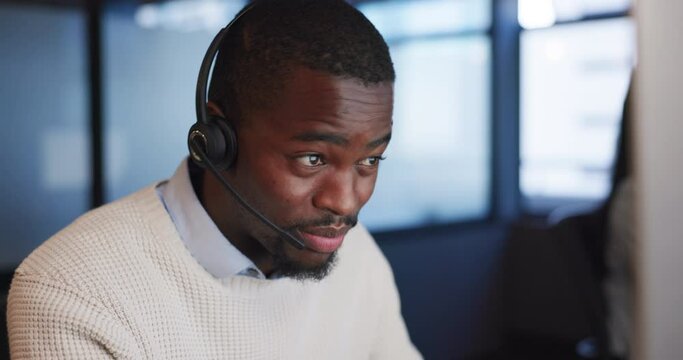 Telemarketing, call center and black man with customer service, help desk or communication. African person, consultant or employee with headphones, tech support or connection with sales agent or crm