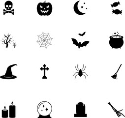 Fototapeta premium Halloween symbols and signs. Cat, Castle, Party, Witch, Pumpkin, Tree, witch hat, spiders, October, Doodle, skull, Night, Autumn, Celebration, Holiday, Symbol, human skeleton. Vector illustration.