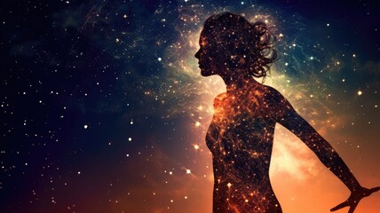 Woman in Yoga Full Body Backlit Pose in the Nebula Galaxy. Generative AI image weber. - obrazy, fototapety, plakaty