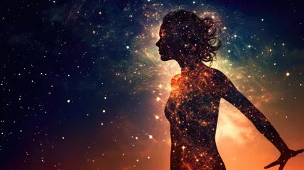 Fotobehang Woman in Yoga Full Body Backlit Pose in the Nebula Galaxy. Generative AI image weber. © Summit Art Creations