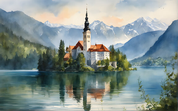 Landscape painting of Lake Bled, Slovenia in watercolor
