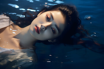 Beautiful young woman submerged underwater in the sea, portrait of attractive asian female sinking in water in middle of ocean