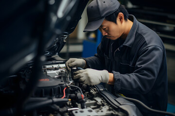 Man mechanic technician are concentrating on repairing vehicles in the workshop