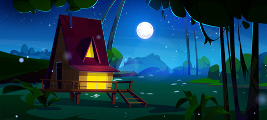 Night forest house cartoon vector landscape scene. Dark midnight countryside view above starry sky and full moon. Mystery park environment with light in hut window. Fantasy fairytale wallpaper