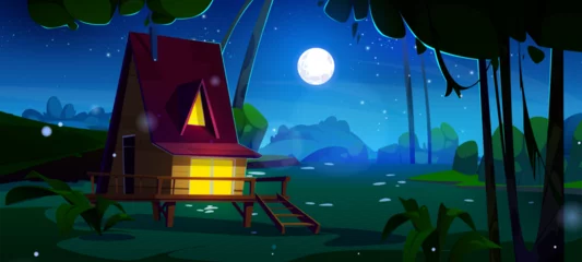 Blackout curtains Fantasy Landscape Night forest house cartoon vector landscape scene. Dark midnight countryside view above starry sky and full moon. Mystery park environment with light in hut window. Fantasy fairytale wallpaper