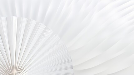 An elegant and minimalist image of a white paper fan on a light gray background. The fan is composed of thin, curved lines that create a sense of depth and dimension. - obrazy, fototapety, plakaty