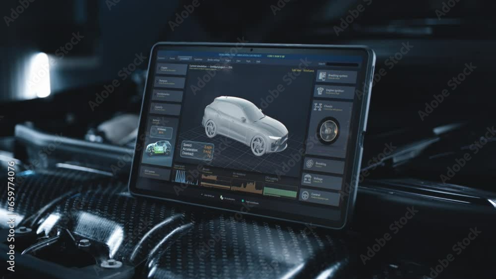Poster tablet computer screen shows 3d animation of professional program for real-time car diagnostics and 